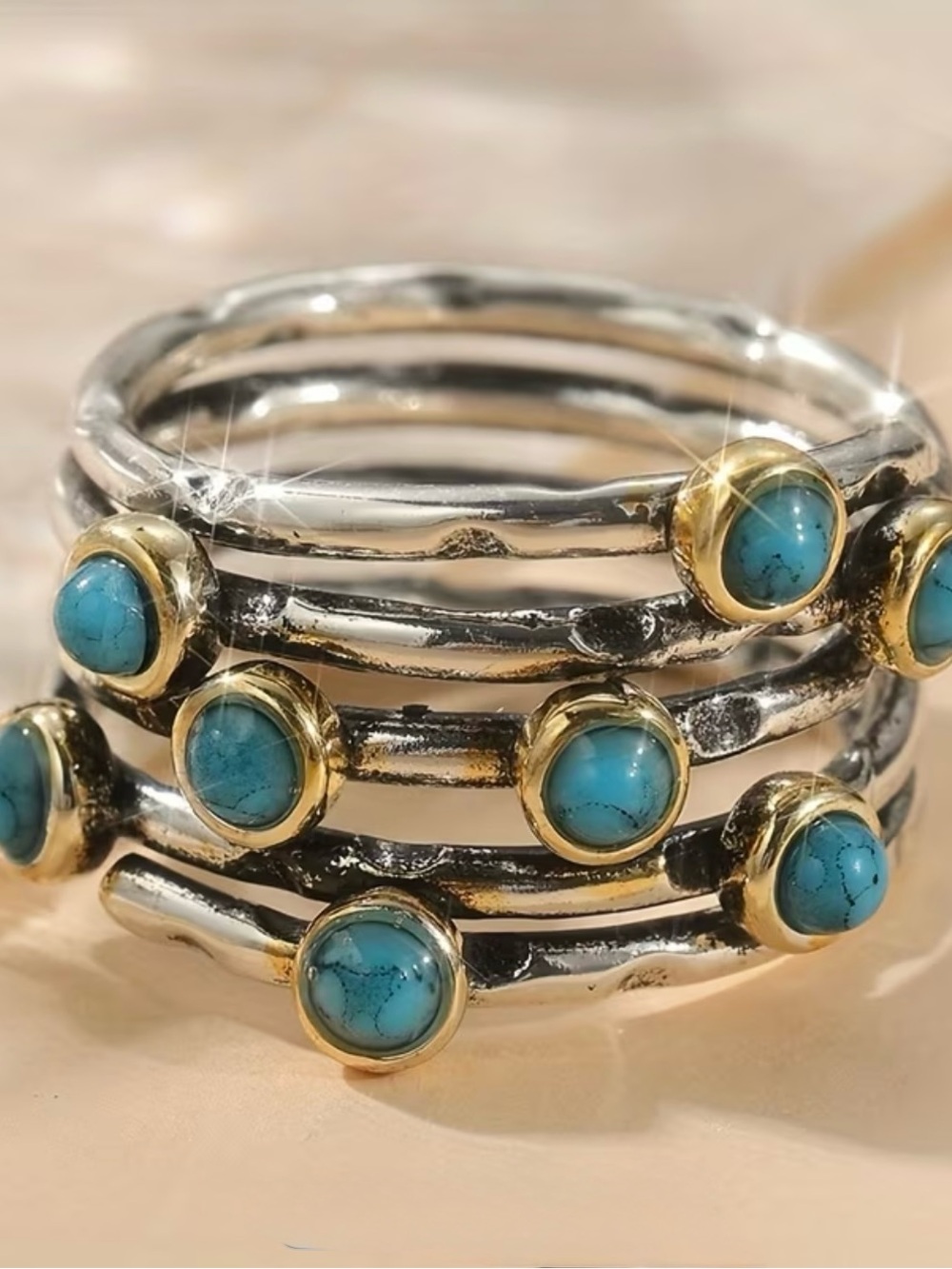 Turquoise Accent Silver & Gold Banded Ring - Picture 5 of 12